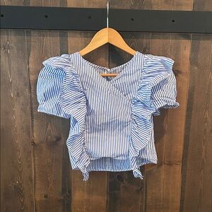 Zara Blue and White Striped Ruffle Blouse Girls Size 11-12